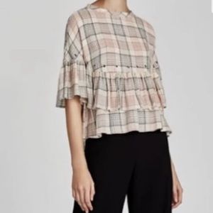 Zara Multi Check Grommet Ruffle Top Short Sleeve Neck